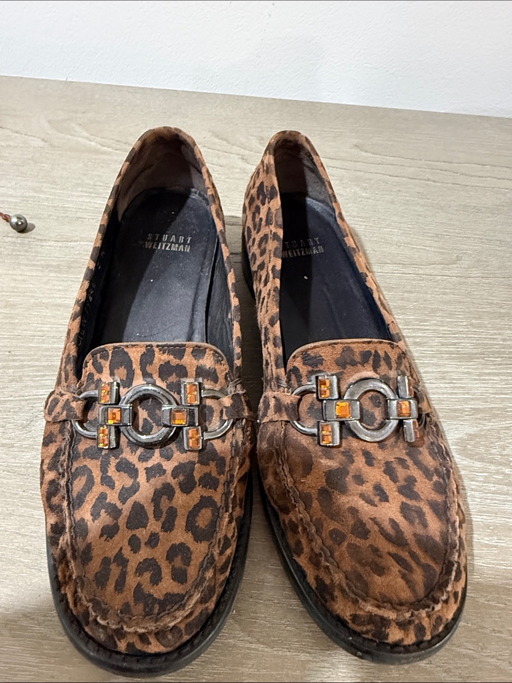 Stuart Weitzman Leopard Print Suede Loafers with Chain Hardware - Tan/Brown